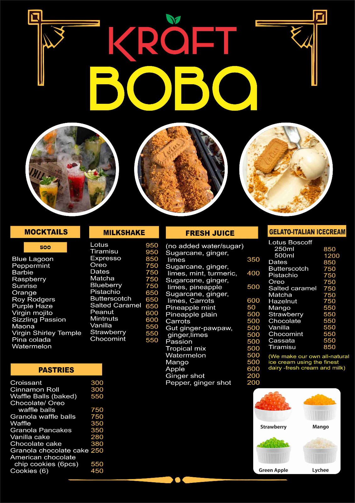 mocktails, milkshake, fresh juice, icecream and pastries menu flier image 