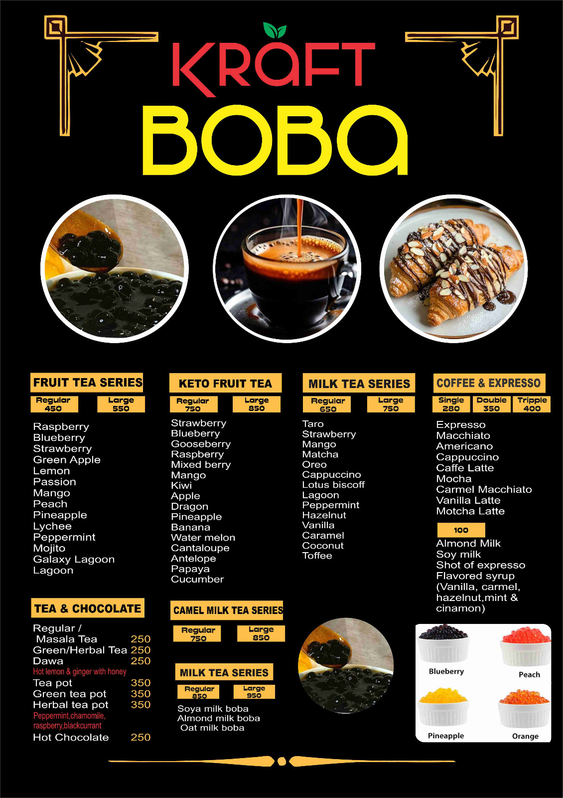 fruit tea series, keto fruit tea series, milk tea series, coffee & expresso, tea & chocolate and camel milk tea series 